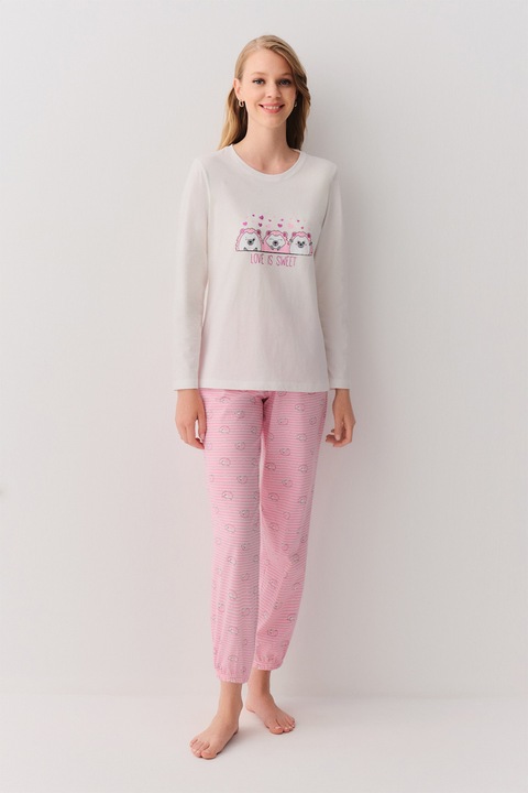 Suwen, Pijama de bumbac cu pantaloni lungi si imprimeu, Alb murdar/Roz