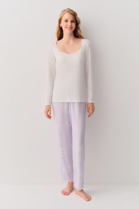 Suwen, Pijama cu pantaloni lungi si decolteu sweetheart, Alb murdar/Lila pal