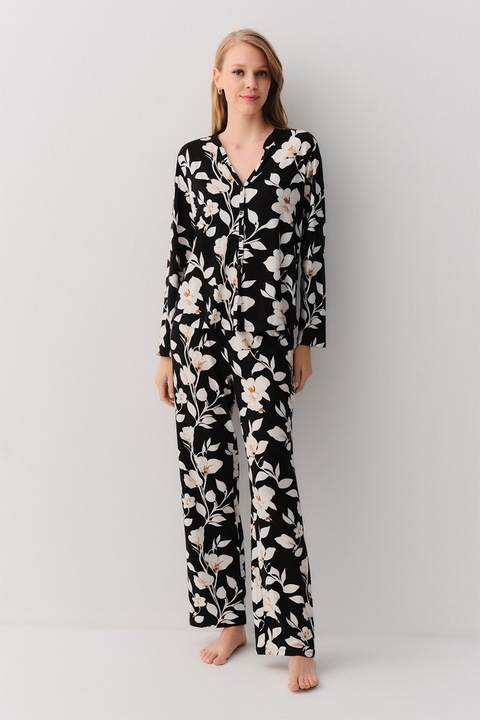 Suwen, Pijama cu pantaloni lungi si model floral, Alb/Negru stins