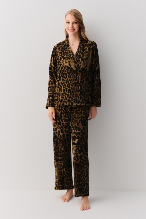 Suwen, Pijama cu animal print si pantaloni lungi, Maro inchis/Negru/Caramel