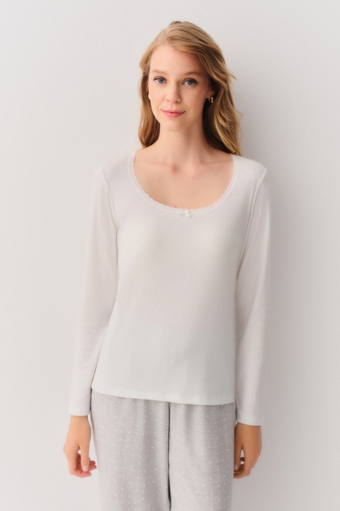 Suwen, Pijama regular fit cu buline, Gri deschis/Alb murdar