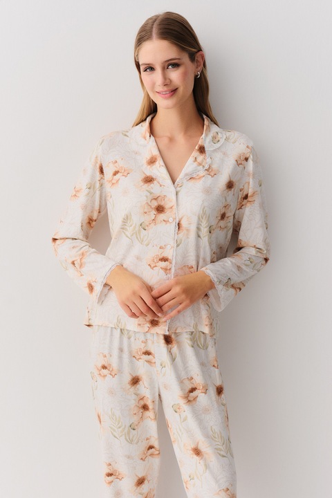 Suwen, Pijama cu model floral si revere decupate, Portocaliu deschis/Alb murdar