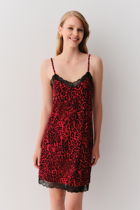 Suwen, Camasa de noapte cu animal print, Rosu/Negru