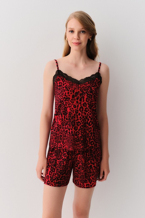 Suwen, Pijama cu animal print si insertii de dantela, Rosu/Negru