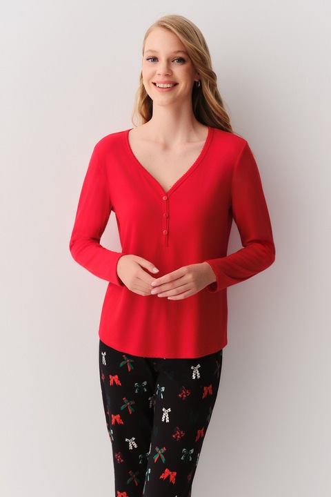 Suwen, Pijama regular fit cu maneci lungi, Rosu/Verde/Negru