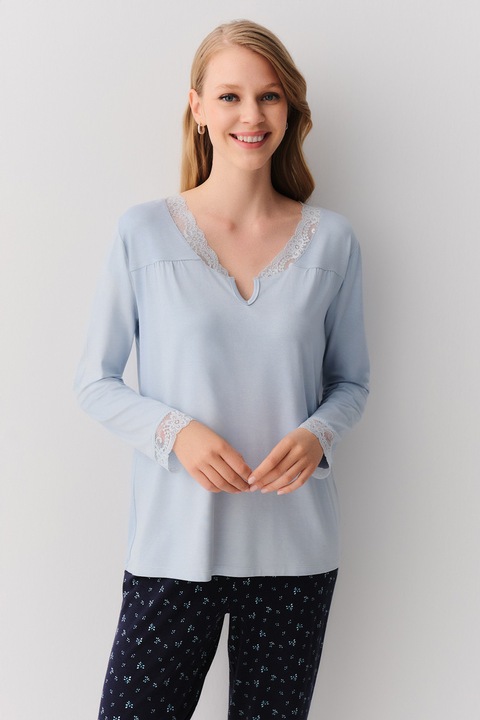 Suwen, Bluza de pijama cu garnituri de dantela, Albastru ultramarin/Albastru deschis