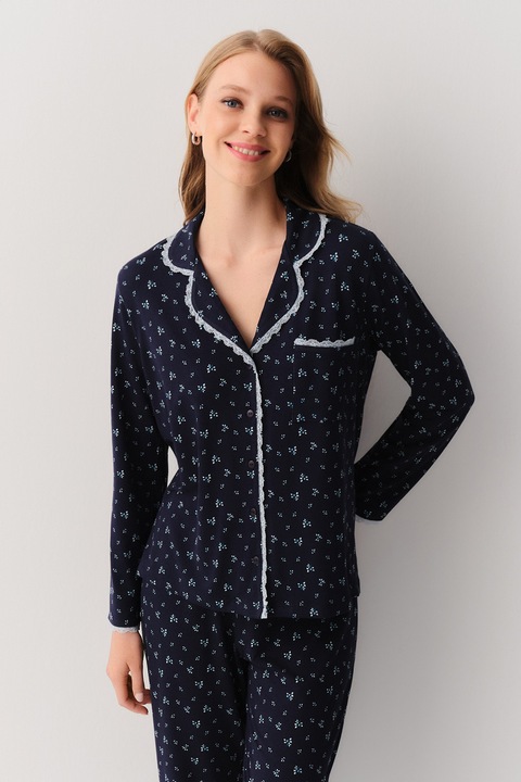 Suwen, Pijama cu model si pantaloni lungi, Albastru ultramarin/Albastru deschis