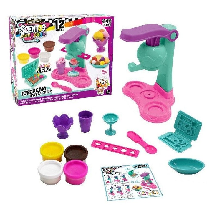 Set de joaca cu ciastilina pentru copii, Scentos, masina de inghetata, 12 piese, multicolor, 3+ ani