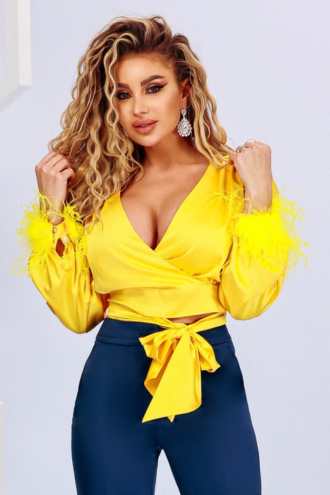 Блуза с пера, XL, Жълта, сатенена