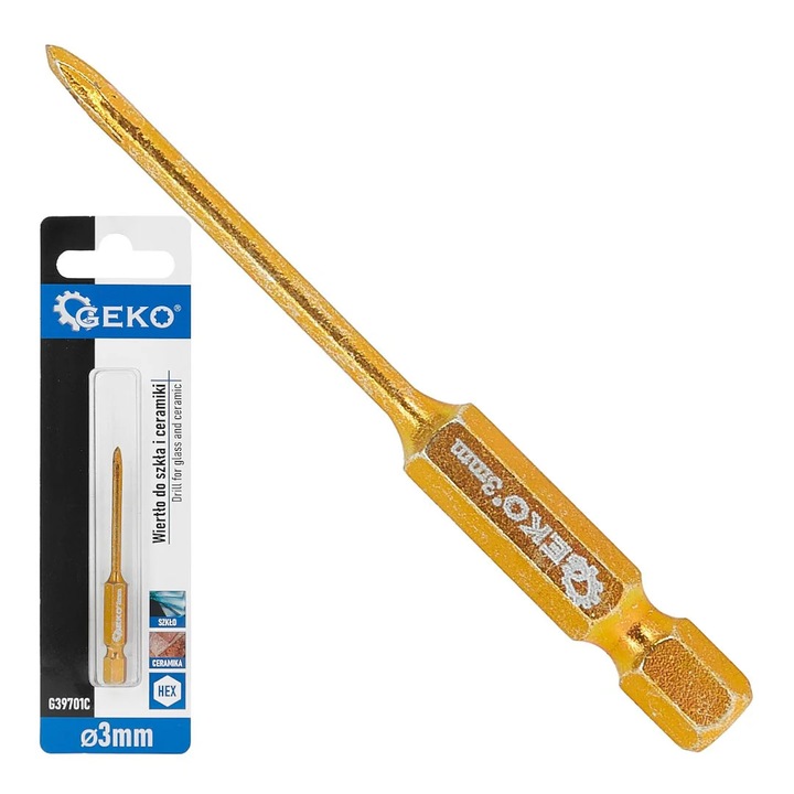 Burghiu pentru sticla si ceramica Geko G39701C, 3 mm, 4 muchii aschietoare, tija hexagonala 1/4"