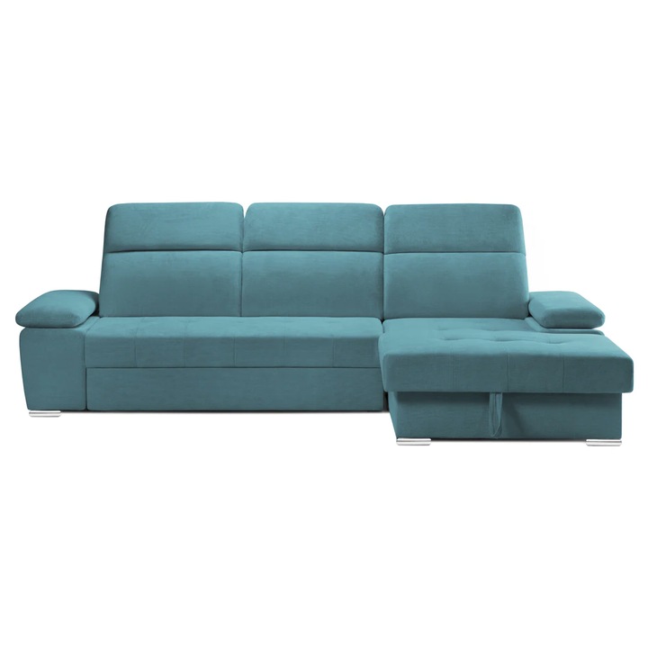 Coltar Extensibil TRENDY, Dreapta, cu lada de depozitare si tetiere reglabile, 295x170x105 cm, Turcoaz - Memphis