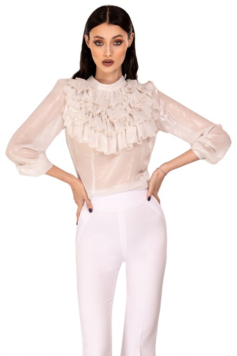 Блуза от бял воал със сребрист брокат и волани, Bln 331ag