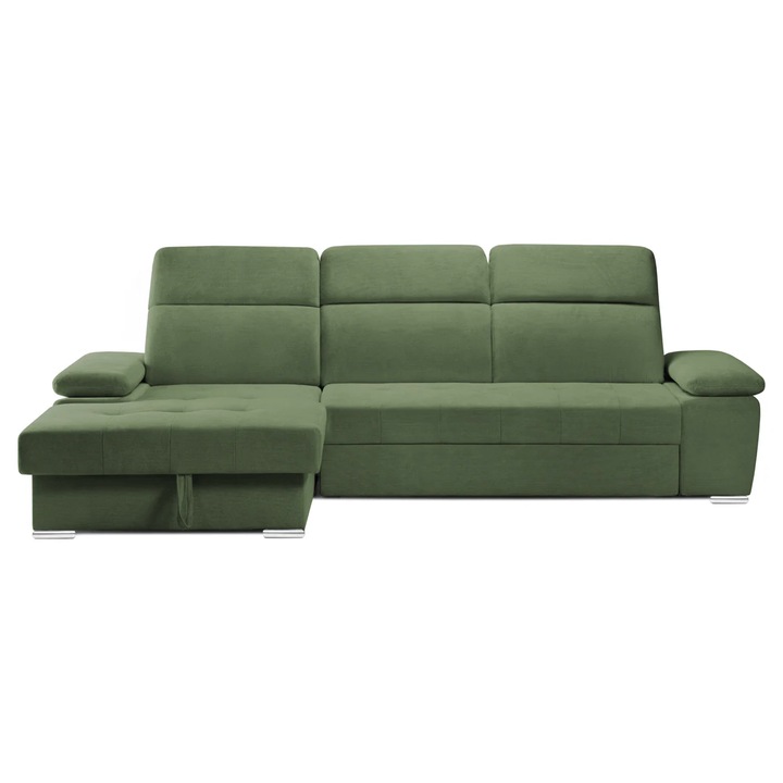 Coltar Extensibil TRENDY, Stanga, cu lada de depozitare si tetiere reglabile, 295x170x105 cm, Verde - Memphis