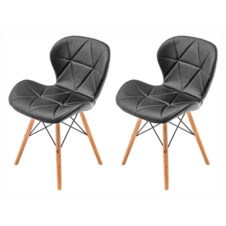 Set 2 scaune DENVER Oslo, negru, model scandinav, sezut tip scoica tapitat, picioare lemn, 48x39x74 cm