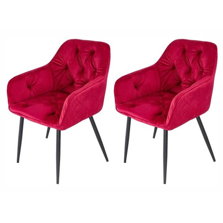 Set 2 scaune tip fotoliu DENVER Tokyo, catifea visinie, tip cocktail, picioare negre, 57x64x78 cm