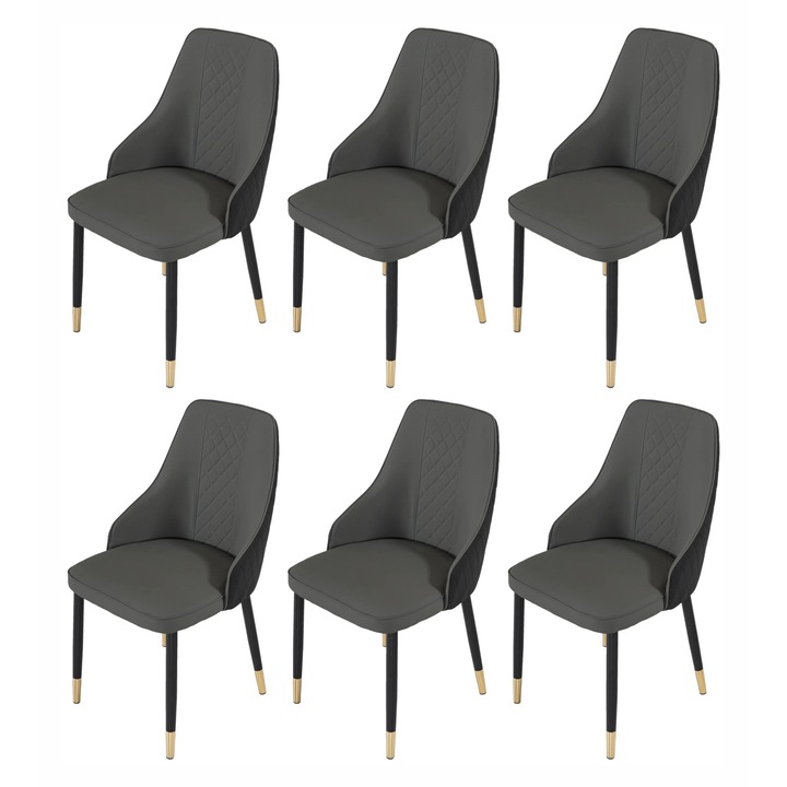 Set 6 scaune DENVER Modena, negru cu gri, picioare metalice negre cu terminatii aurii, tapitat piele ecologica, 47x59x90 cm