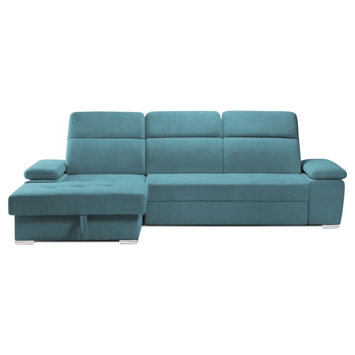 Coltar Extensibil TRENDY, Stanga, cu lada de depozitare si tetiere reglabile, 295x170x105 cm, Turcoaz - Memphis