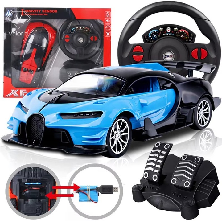 RC Количка с дистанционно управление с 4/6 Канала, BUGATTI, Електрическа Батерия + Дистанционно Управление, USB Зареждане, Висока Скорост, Интерактивна Играчка за Деца 5-13 години и Възрастни, Издръжлив Пластмасов Материал, Размер 40x33 см