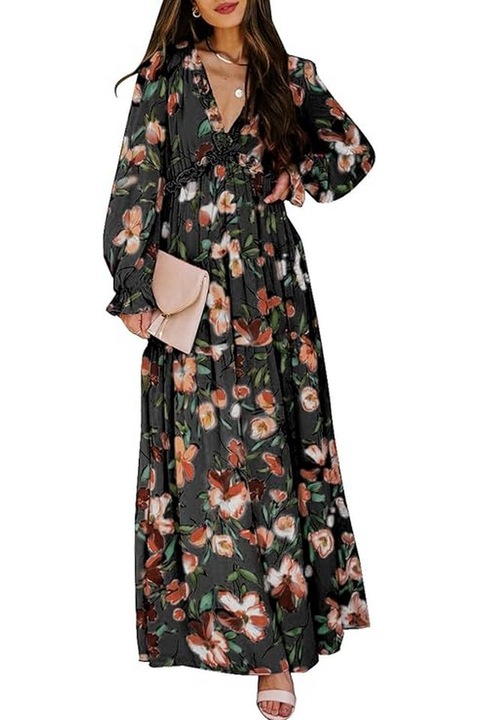 Rochie lunga eleganta, casual, cu imprimeu floral, decolteu in V, Sweezarmo, Negru