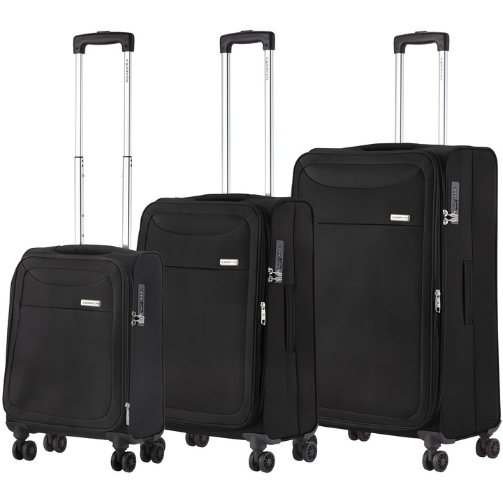 Set trolere extensibile CarryOn Air, 1 bagaj de cabina si 2 de cala, poliester, +20% capacitate, cifru TSA, negru