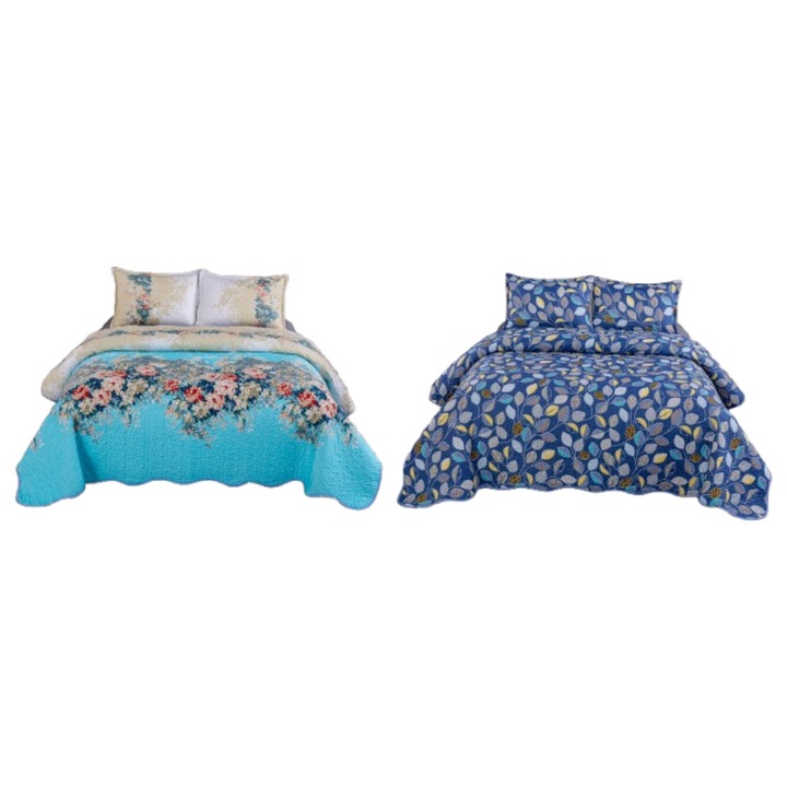 Cuvertura de pat 2 fete, pentru pat dublu, 3 piese, 2 persoane, imprimeu Frunze si Bujori, 220x230cm, Multicolor