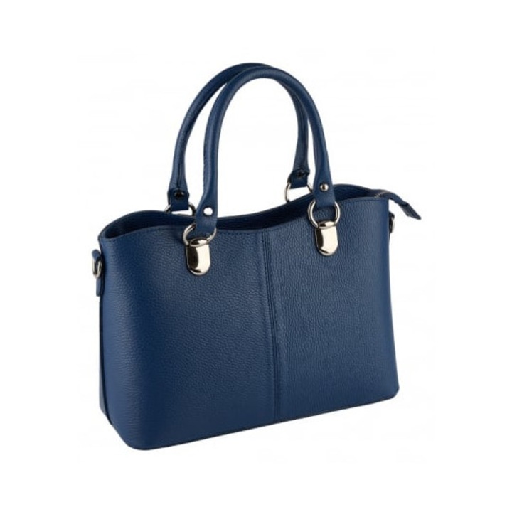 Geantă, AZZURA, Chiara, piele naturală bleumarin, accesorii argintii, 33x23x14cm