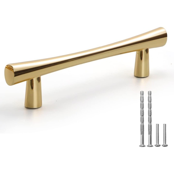 Set 5 manere mobila, auriu lucios, 128mm, manere sertare si usi dulap, comode, sifonier, alama lustruita