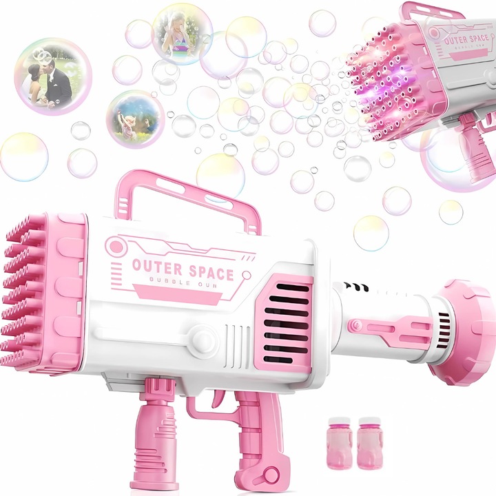 Пистолет за сапунени мехурчета 64 отвора Macvi® с презареждаща се батерия, 2 подаръчни шишенца и тавичка за разтвор, Розов