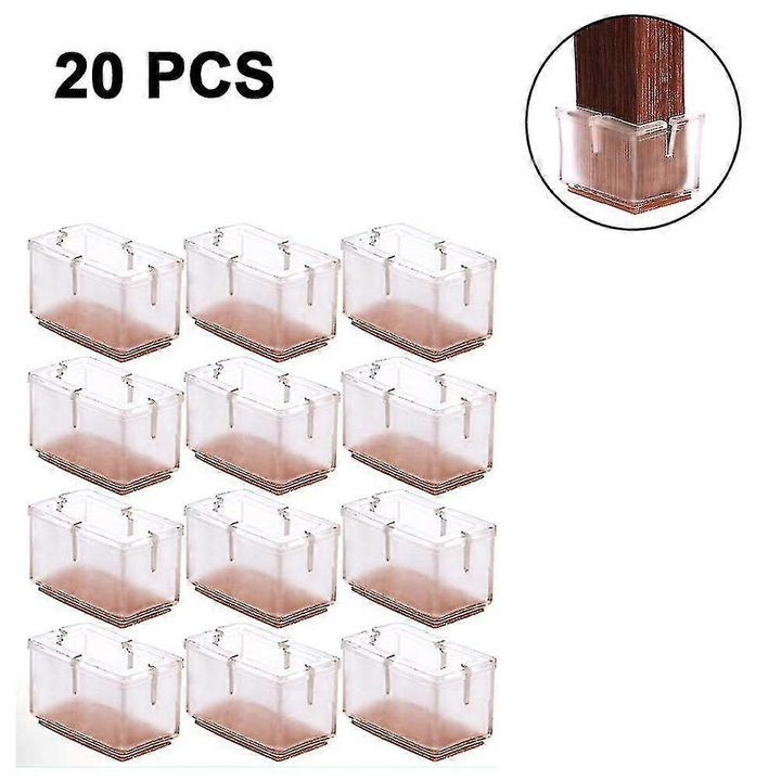 Capace de protectie pentru picioarele scaunelor, set de 20, transparent si maro, din PVC si fetru, dimensiuni variate