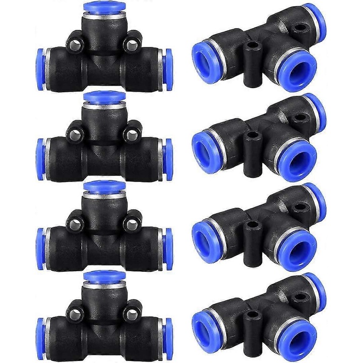 8 db T-csatlakozó, Műanyag, 8 mm, Fekete / Kék