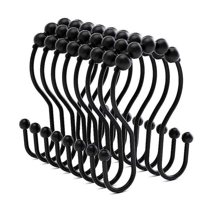 Set 12 Carlige pentru perdea de dus, Metal, negre, 6.9x4.9cm