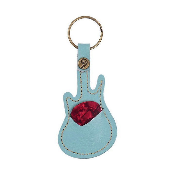 Suport pentru pene de chitara din piele, forma de chitara, cu inel pentru chei, set cu 5 pene de chitara, 12x5x0.5cm, negru/maro-galbui/maro-rosu/aquamarine