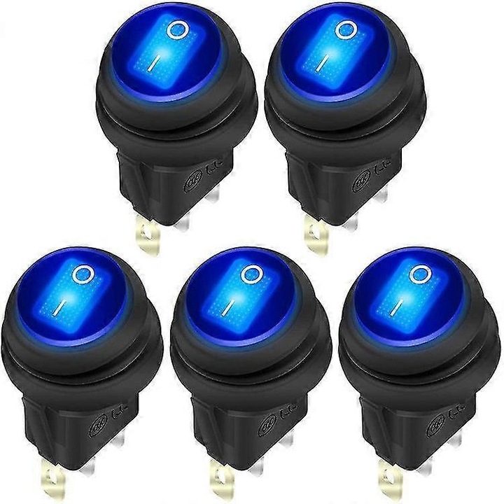 Set de 5 intrerupatoare rotunde impermeabile 12V, 20A, cu LED albastru, 3 pini, 20mm