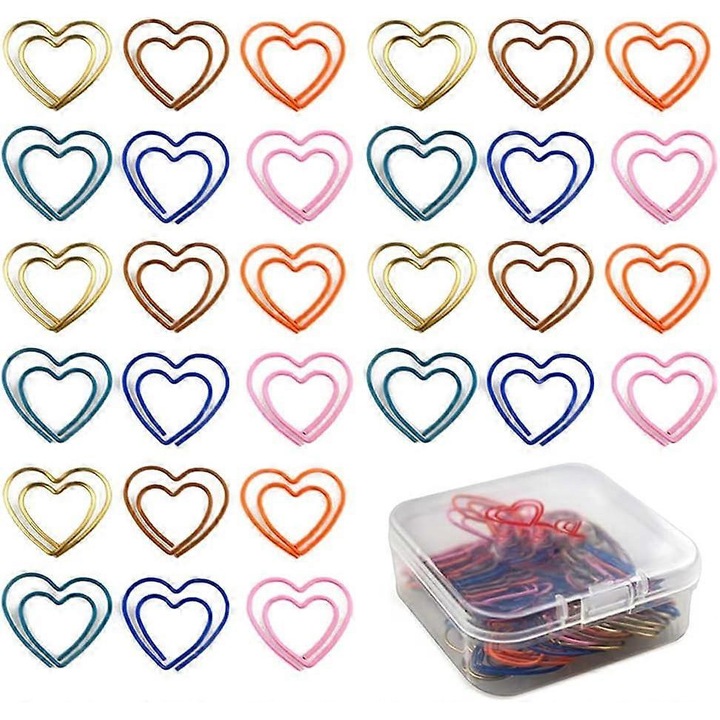 Set 2 cutii agrafe in forma de inima, 100 bucati, culori mixte, 2.1x1.8cm
