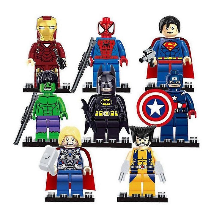 Set 8 piese blocuri de constructie Supereroi Marvel, figurine Spider-man, multicolor