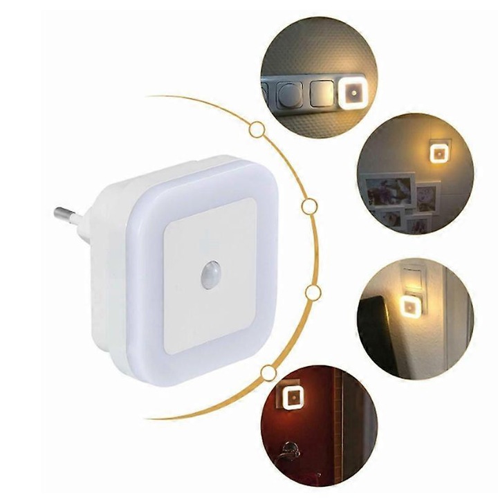 Set 2 lumini de noapte LED cu senzor de miscare, 64x64x69mm, alb, pentru interior