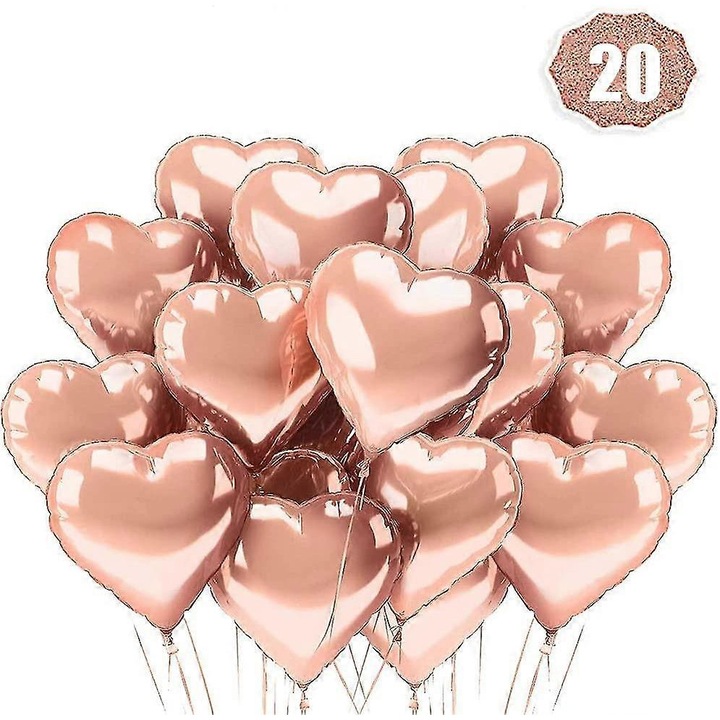 20 darabos csomag szív alakú rózsaarany lufi, 45x45cm