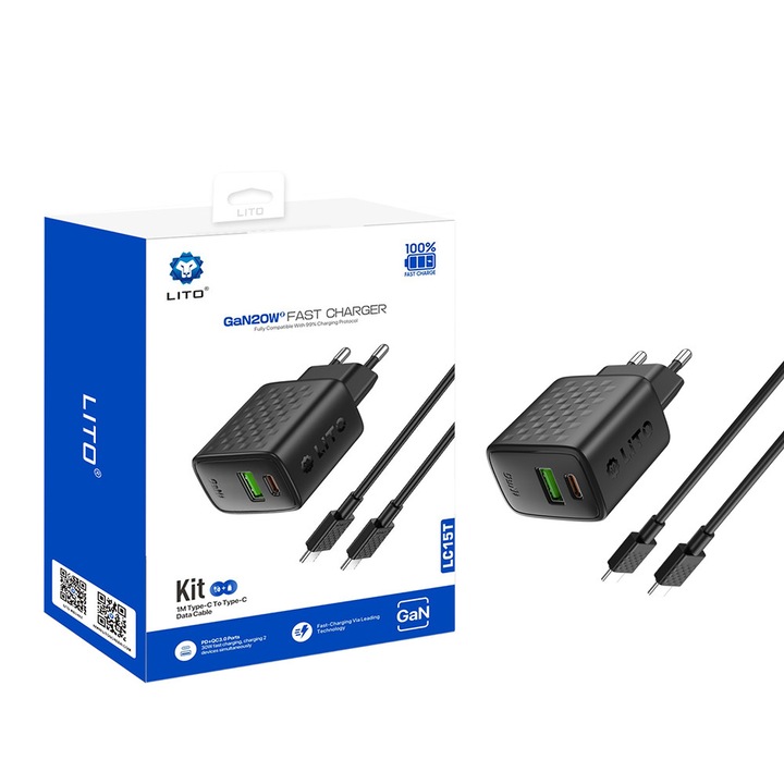 Incarcator de retea Lito LC15T, port USB-C, 2E+1 W, cu cablu inclus, culoare Negru