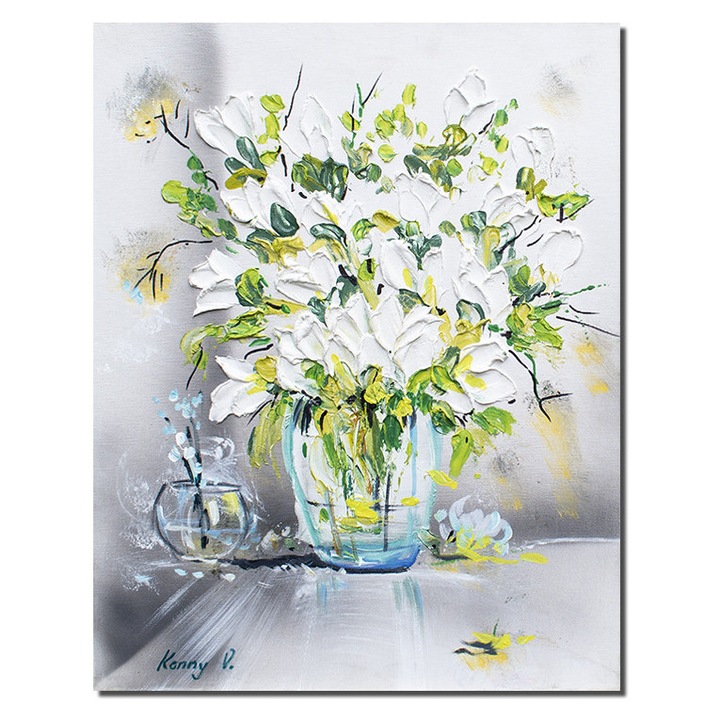 Tablou vaza cu azalee pictat manual, 50x40cm acril pe panza in relief efect 3D, Kenny Varniote