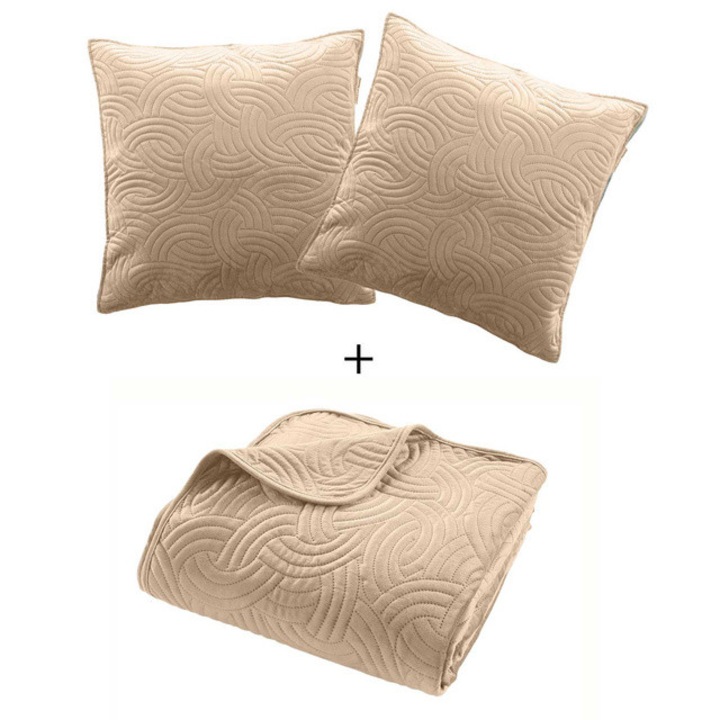 Set de lenjerie de pat din catifea SOLANGE, cuvertura + 2 fete de perna, bej - bej