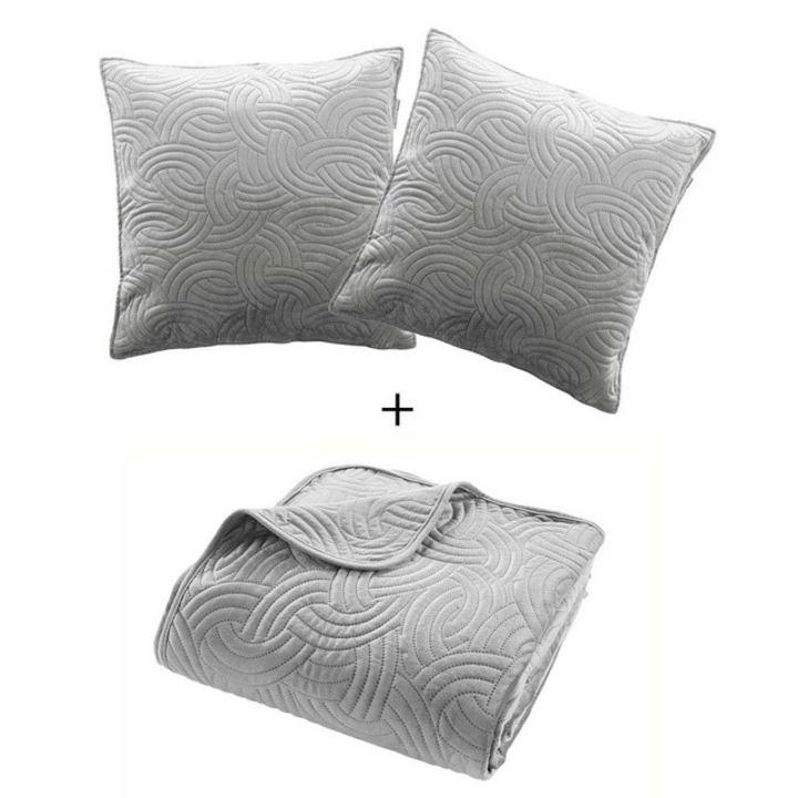 Set de lenjerie de pat din catifea SOLANGE, cuvertura + 2 fete de perna, gri - gri