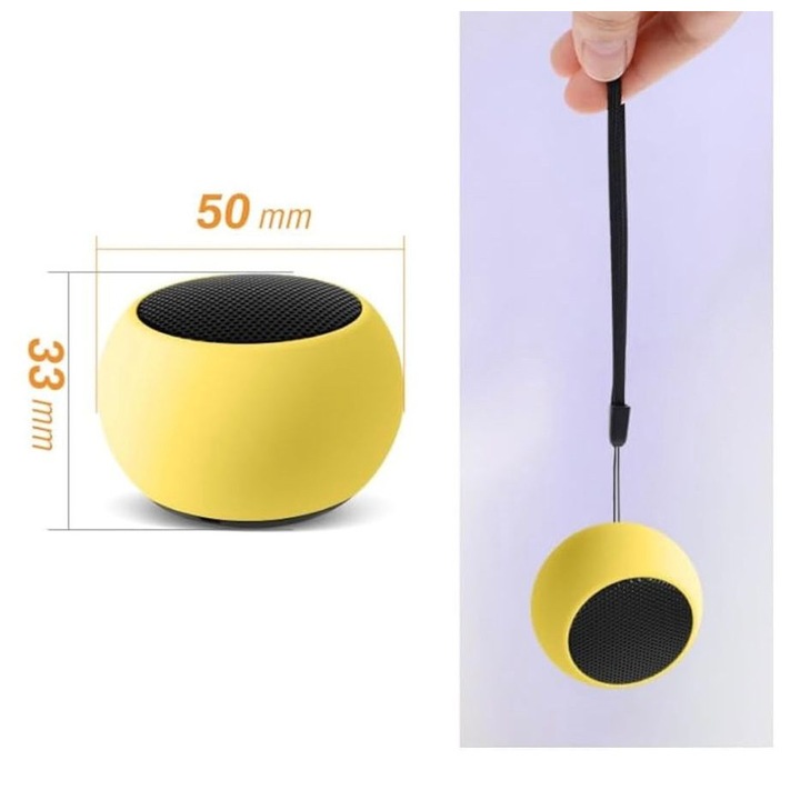 Boxa portabila Bluetooth Mini, Wireless, Design Rotund, Bass Puternic, Baterie 400 mAh, 3 ore redare, Dimensiune 49x33 mm, GALBEN