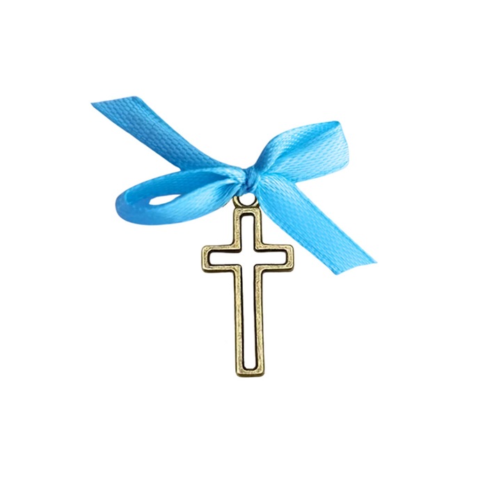 Cruciulita aurie cu fundita din satin albastra, marturie botez