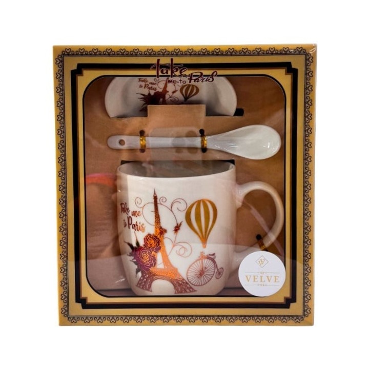 Set cană ceramică Velve, "Take me to Paris", 200ml, farfurie și linguriță asortate, ambalate în pungă cadou cu fereastră, 13x15cm