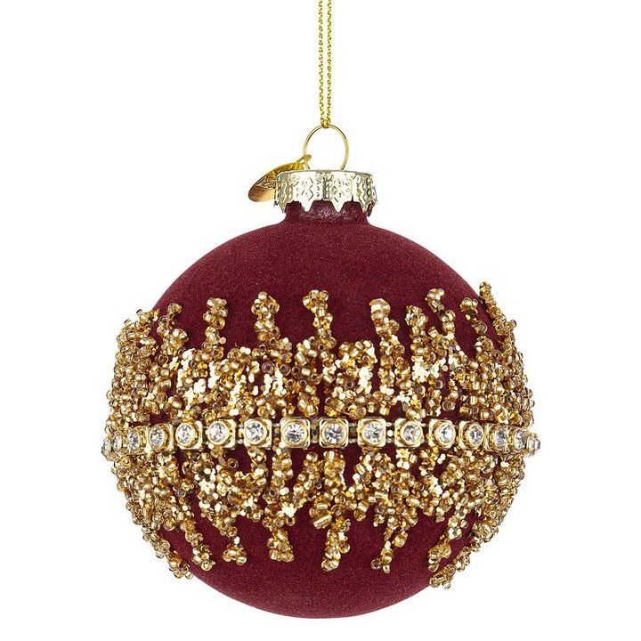 Set 12 globuri brad Craciun sticla catifea rosie sclipici auriu Luxury Ø8 cm