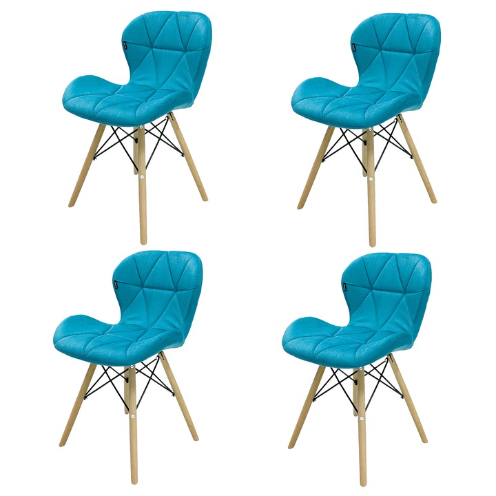 Set 4 scaune DENVER Oslo, catifea turcoaz, model scandinav, sezut tip scoica tapitat, picioare lemn, 48x39x74 cm