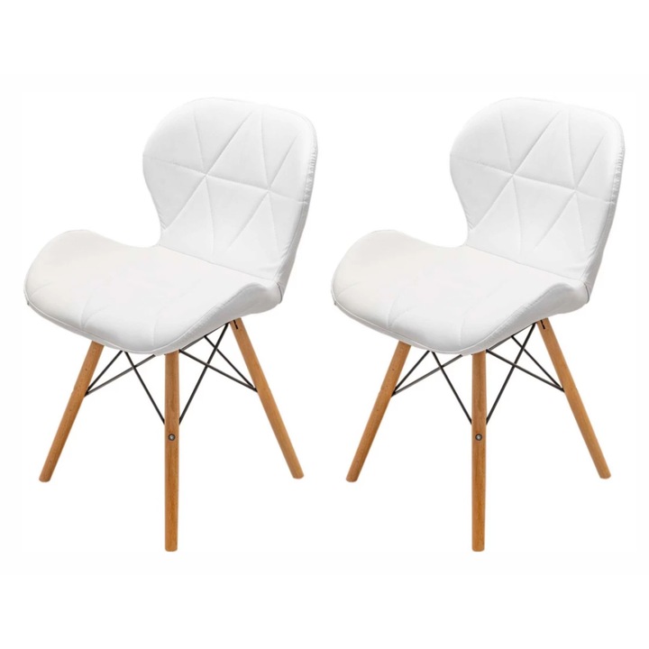 Set 2 scaune DENVER Oslo, alb, model scandinav, sezut tip scoica tapitat, picioare lemn, 48x39x74 cm