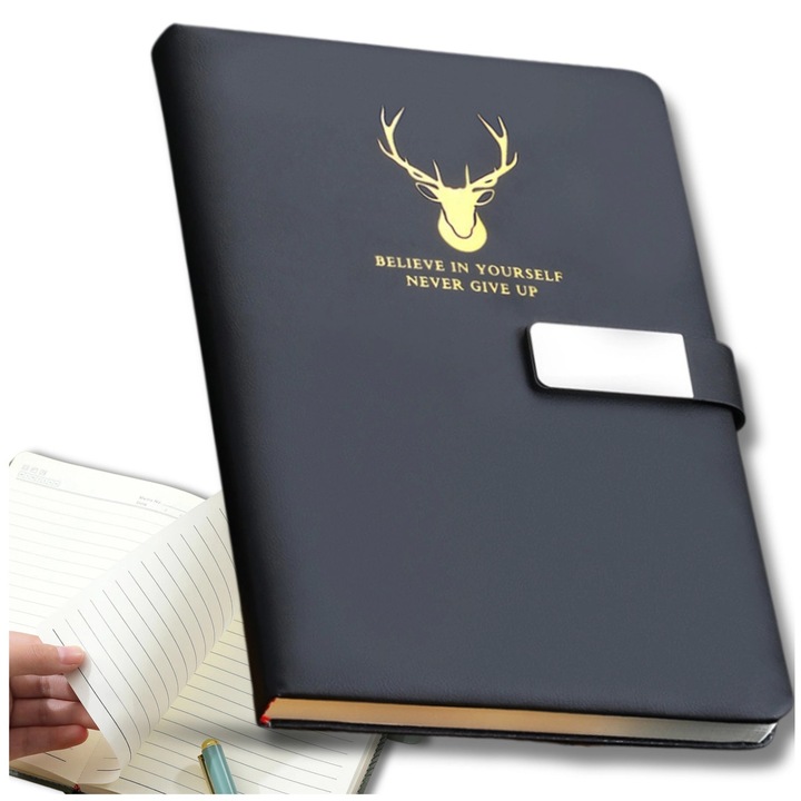 Caiet de notite A5 EdiBazzar, coperta rigida din piele PU, 120 pagini, negru, inchidere metalica