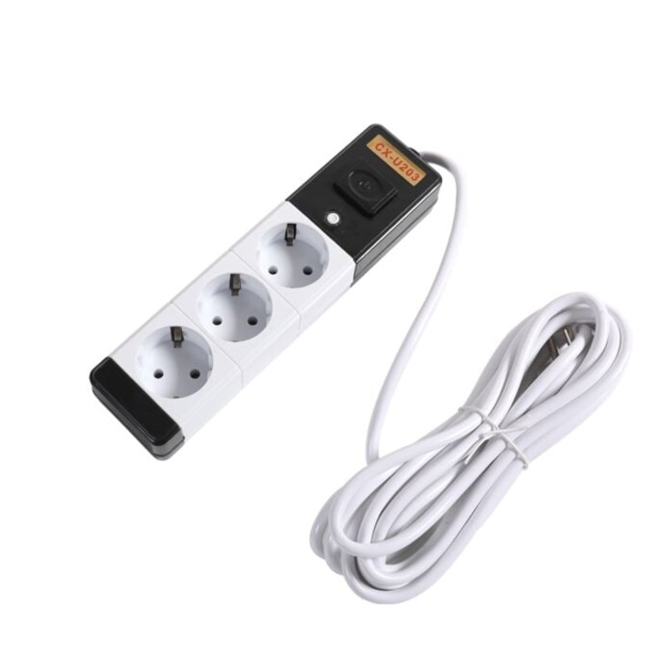 Elektromos Hosszabbító 3 Aljzattal és Kapcsolóval, Fehér Kábel, CX-U203, Fabrilux®