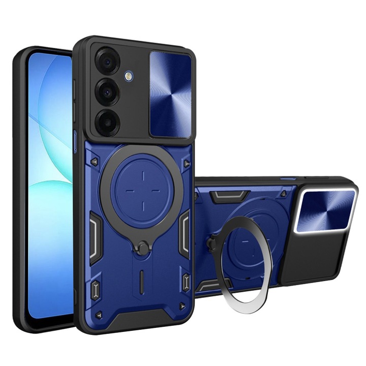 LensCover KickStand tok Samsung Galaxy A17 5G / A17 4G / M17 / F17 telefonhoz, mágneses gyűrű, erős ütéselnyelés, Fusion Protect design, ejtésvédelem, kék